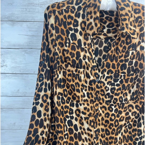 Express Portofino Shirt  Small Brown Black Leopard Button Career Casual - Picture 6 of 11